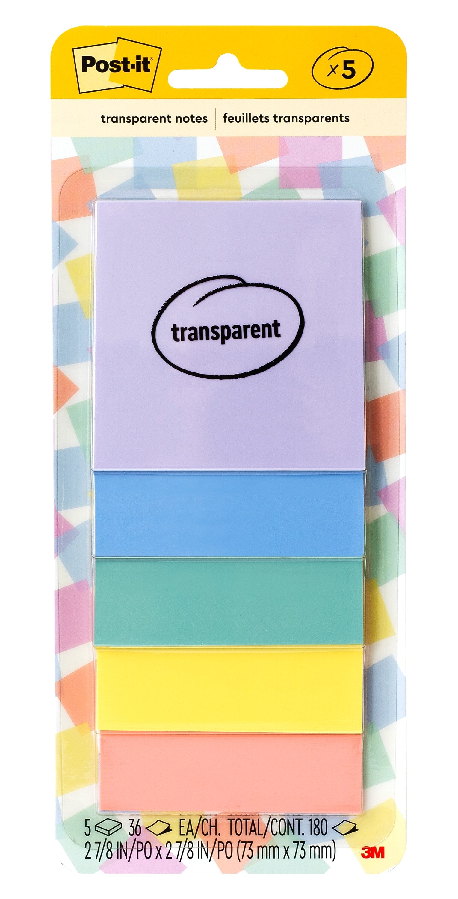 Post-it Transparent Sticky Notes, 2.8" x 2.8", Assorted Colors, 36 Sheets/Pad, 5 Pads/Pack (600-5PASTEL)