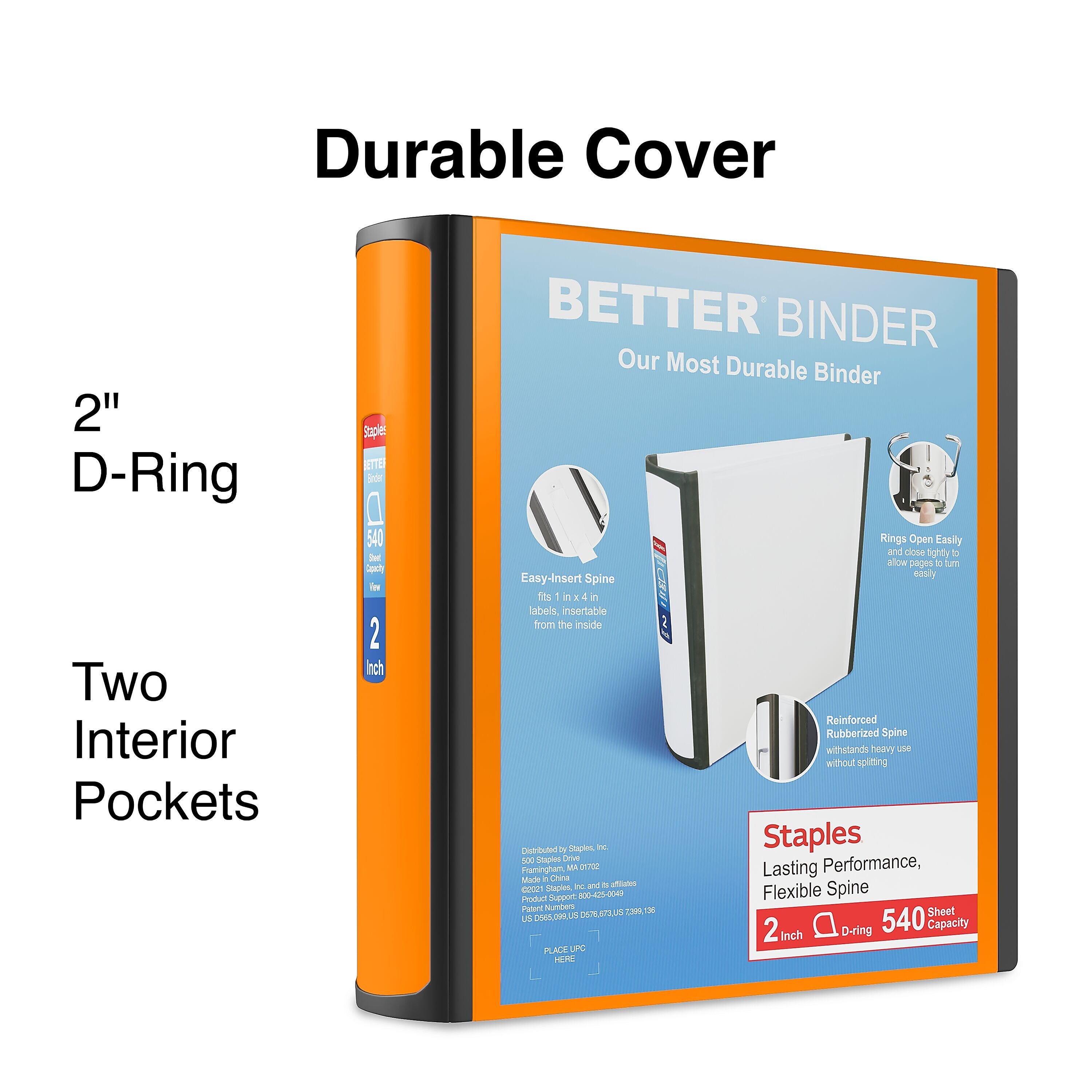 Staples 2" 3-Ring Better Binder, D-Ring, Bright Orange (ST55874-CC)