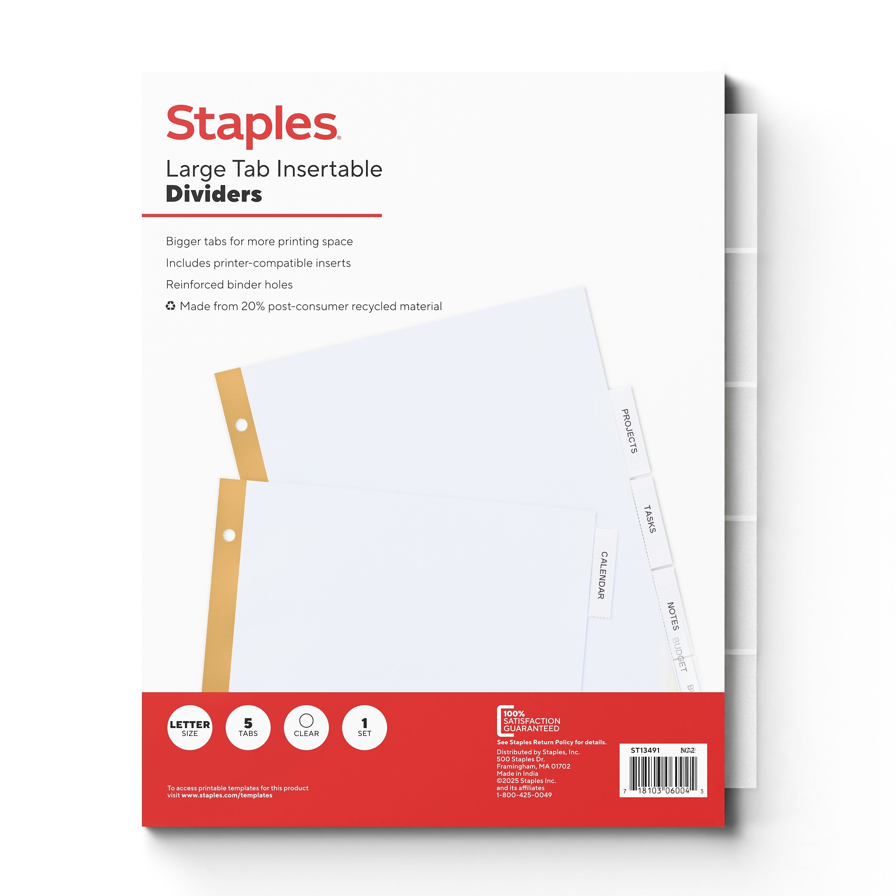 Staples Large Tab Insertable Paper Dividers, Clear, 5-Tabs (13491/11122)