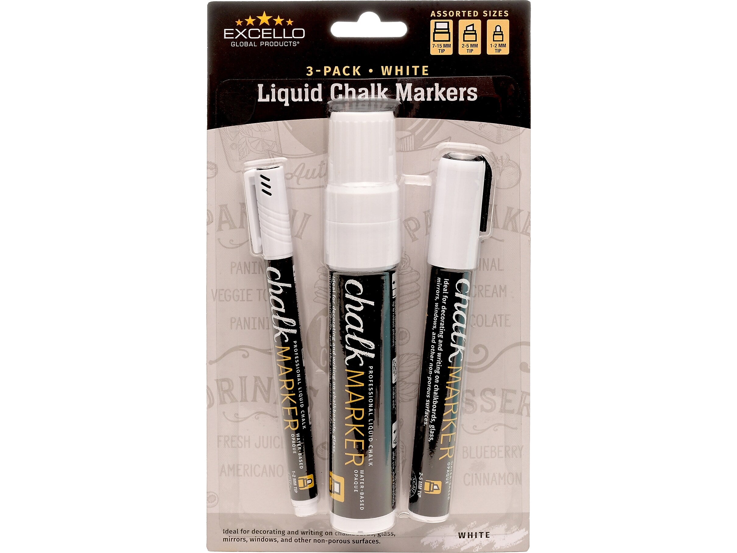 Excello Global Products Washable Chalk Markers, Assorted Tips, White, 3/Pack (EGP-HD-0511-S)