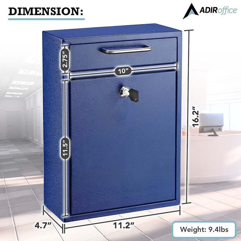 AdirOffice Steel Large Wall Mounted Drop Box Interoffice Mailbox, Key Lock, Blue (631-04-BLU-PKG)