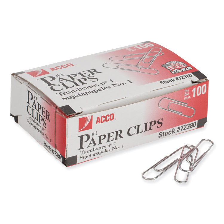 Paper Clips, #1, Smooth, Silver, 100 Clips/Box, 10 Boxes/Pack
