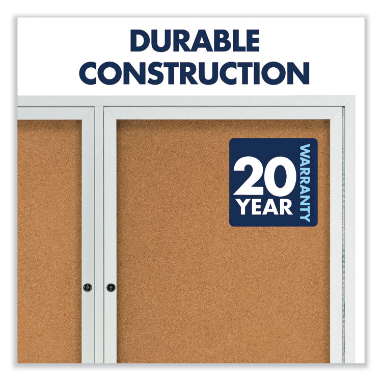 Enclosed Indoor Cork Bulletin Board with Two Hinged Doors, 48" x 36", Tan Surface, Satin Aluminum Frame