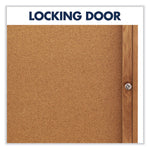 Enclosed Indoor Cork Bulletin Board with One Hinged Door, 24" x 36", Tan Surface, Oak Finished Fiberboard (MDF) Frame