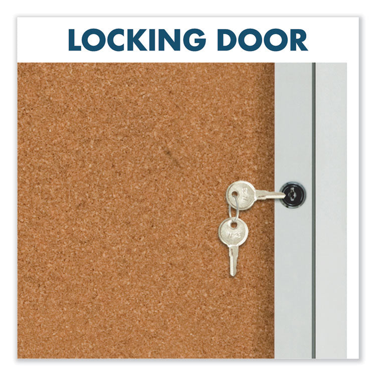 Enclosed Indoor Cork Bulletin Board with Three Hinged Doors, 72" x 36", Tan Surface, Satin Aluminum Frame