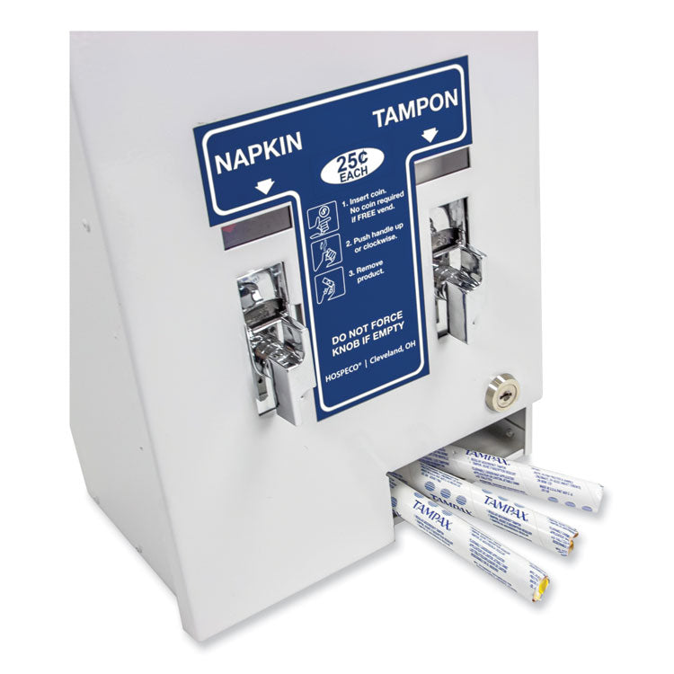 Dual Sanitary Napkin/Tampon Dispenser, 25 Cent Coin Mechanism, 11.13 x 7.63 x 26.38, White/Blue