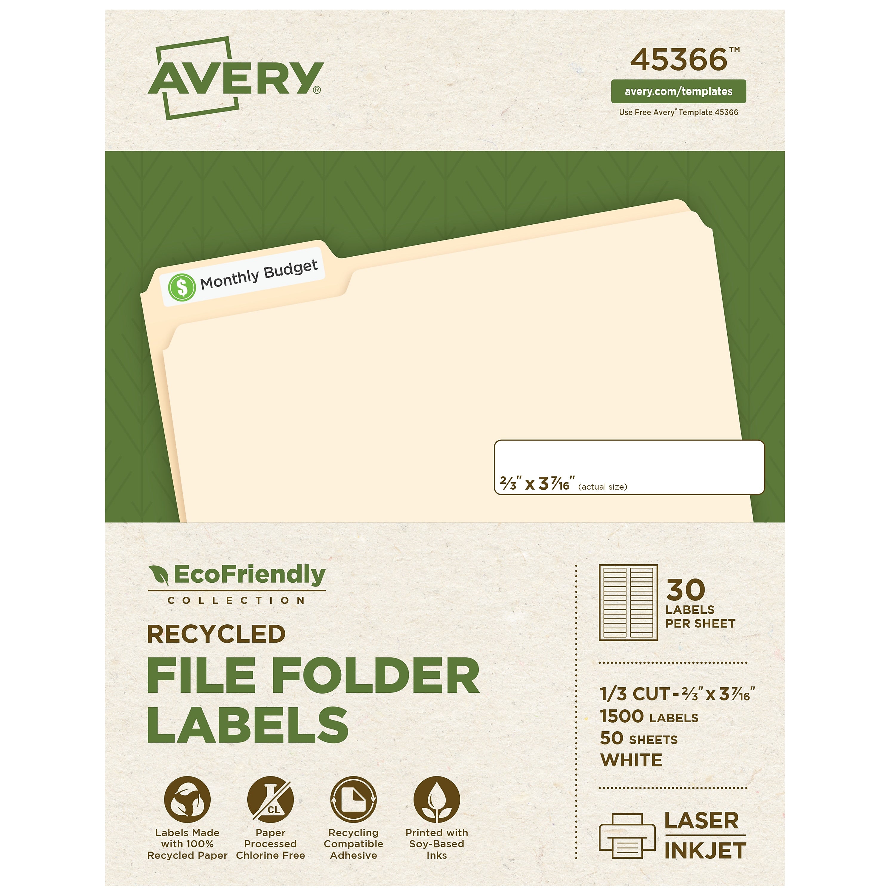 Avery EcoFriendly Laser/Inkjet File Folder Labels, 2/3" x 3-7/16", White, 1500 Labels/Box (45366)