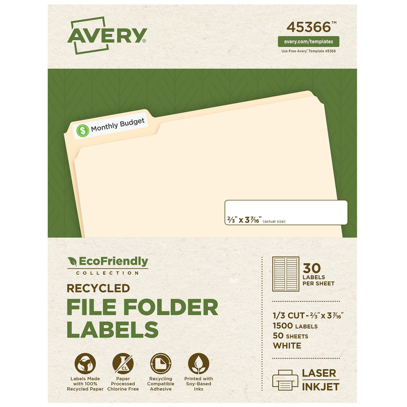 Avery EcoFriendly Laser/Inkjet File Folder Labels, 2/3" x 3-7/16", White, 1500 Labels/Box (45366)