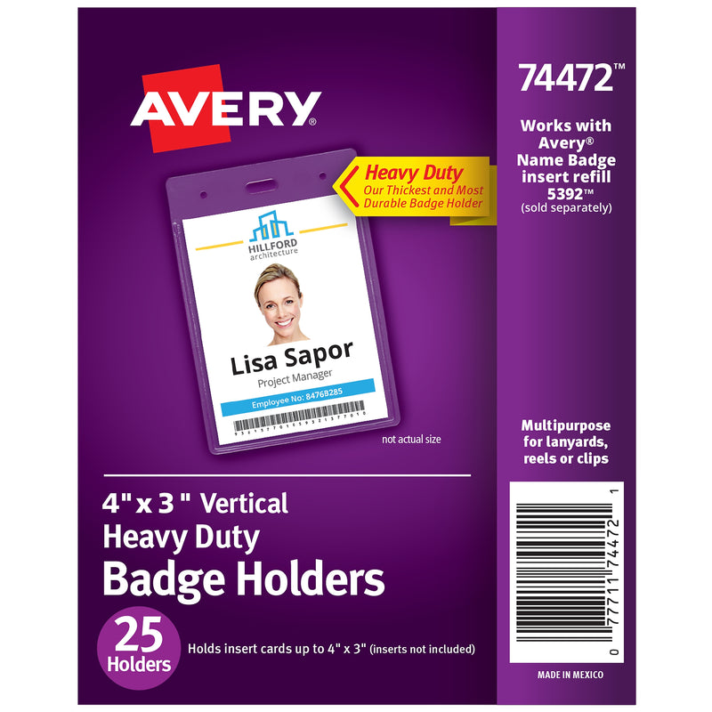 Avery Secure Top Heavy Duty Multiuse Badge Holders, 4" x 3", Clear Portrait Holders, 25/Pack (74472)