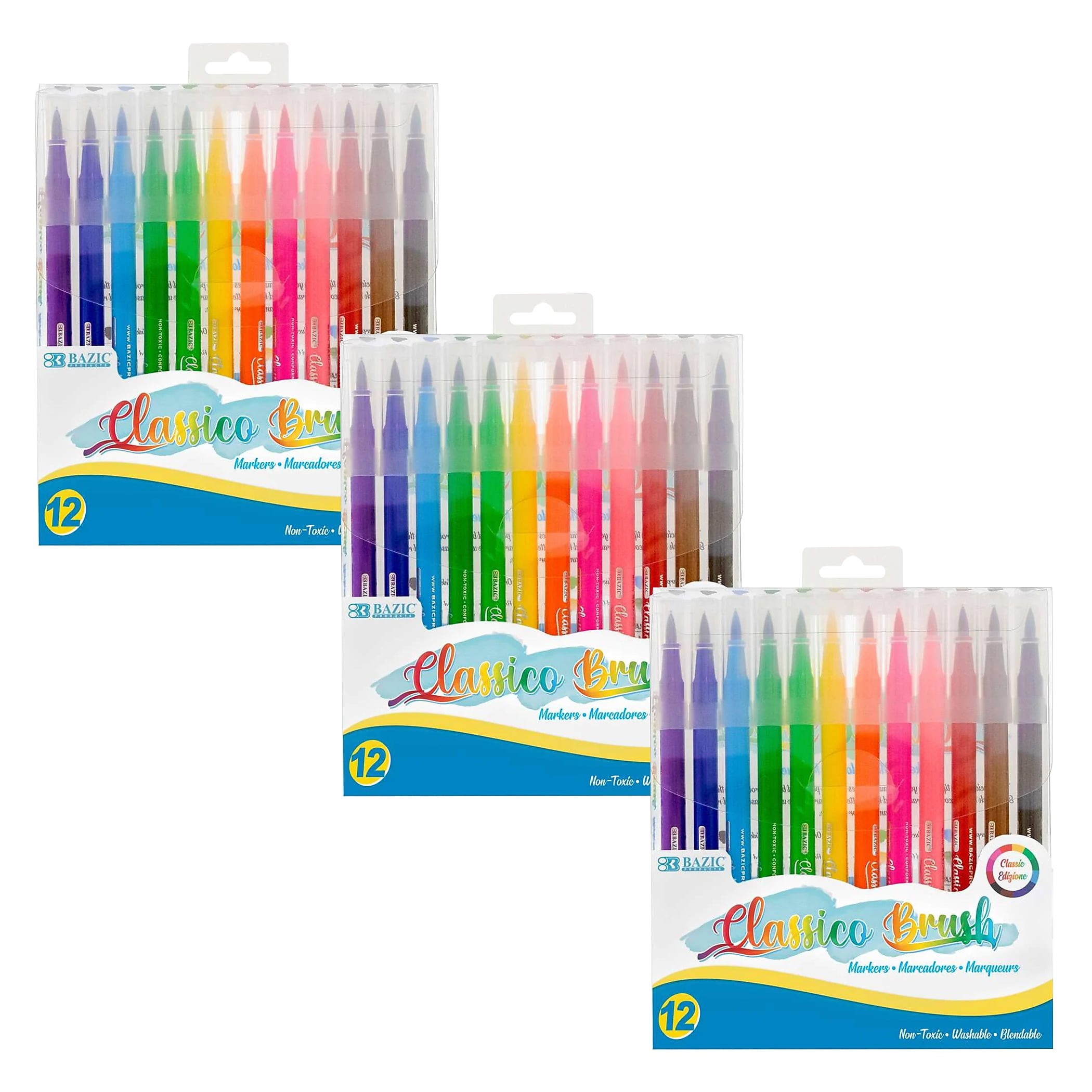 Bazic Washable Water Based Water-Based Marker, Brush, Assorted Colors, 12/Pack, 3 Packs/Bundle (BAZ1277-3)