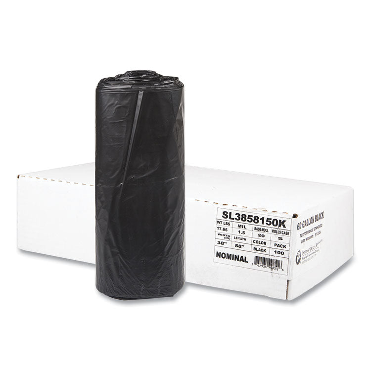Low-Density Commercial Can Liners, 60 gal, 1.5 mil, 38" x 58", Black, Interleaved Roll, 20 Bags/Roll, 5 Rolls/Carton