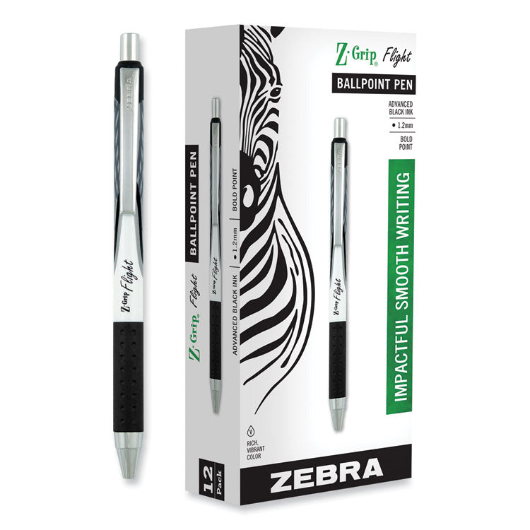 Z-Grip Flight Ballpoint Pen, Retractable, Bold 1.2 mm, Black Ink, Black/Gray/White Barrel, 12/Pack