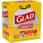 Glad Tall Kitchen Drawstring Trash Bags, 13 Gallon, White, Unscented, 100/Box (78374)