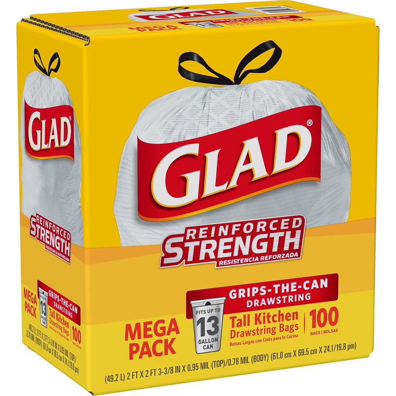 Glad Tall Kitchen Drawstring Trash Bags, 13 Gallon, White, Unscented, 100/Box (78374)