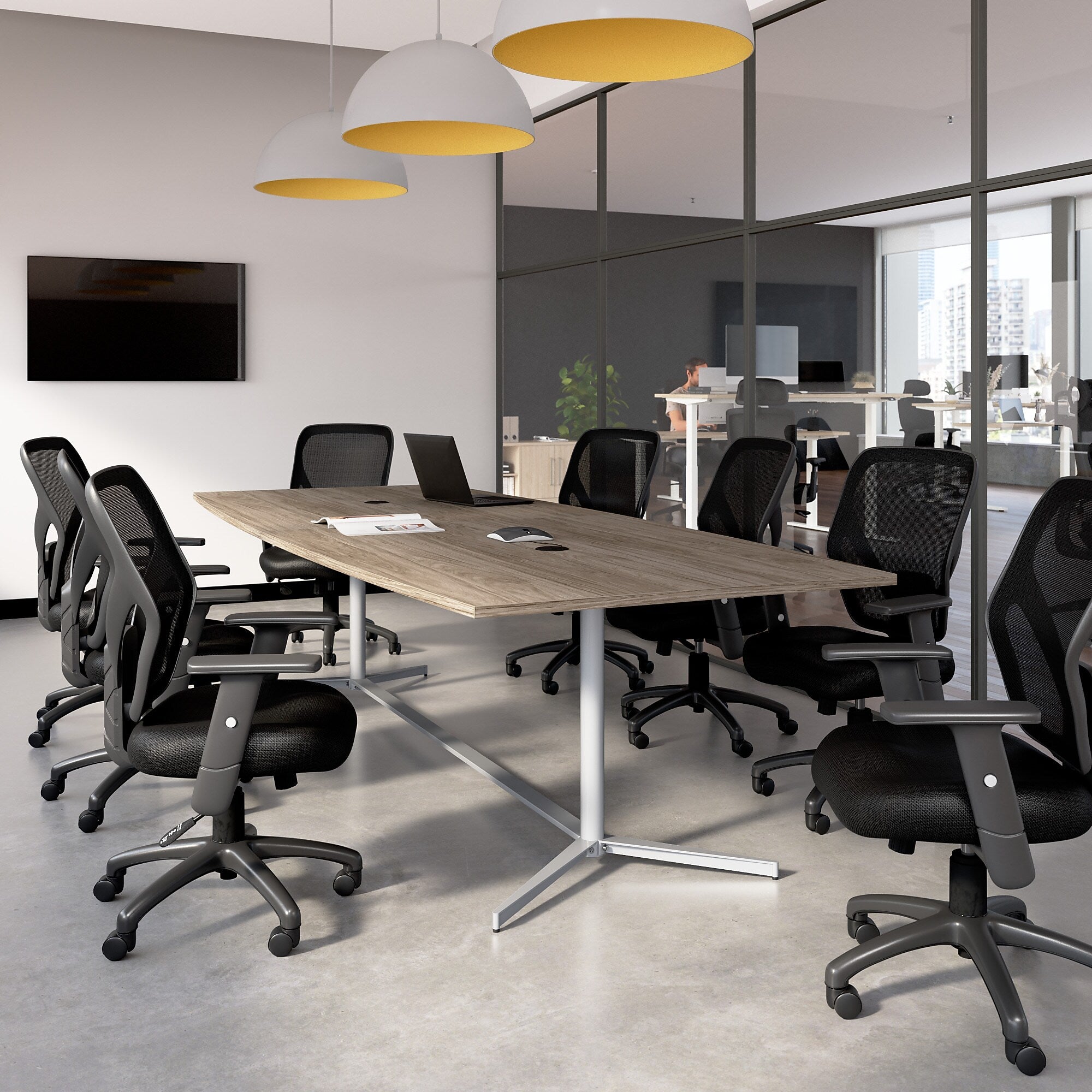 Bush Business Furniture 120W x 48D Boat Shaped Conference Table with Metal Base, Modern Hickory (99TBM120MHSVK)
