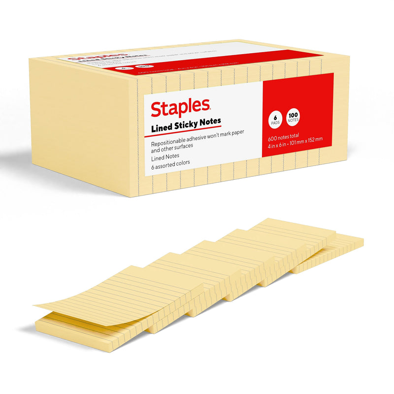 Staples Sticky Notes, 4" x 6", Sunshine Collection, Lined, 100 Sheets/Pad, 6 Pads/Pack (ST62872)