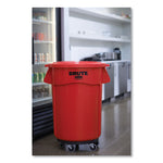Vented Round Brute Container, 55 gal, Plastic, Red, 3/Carton