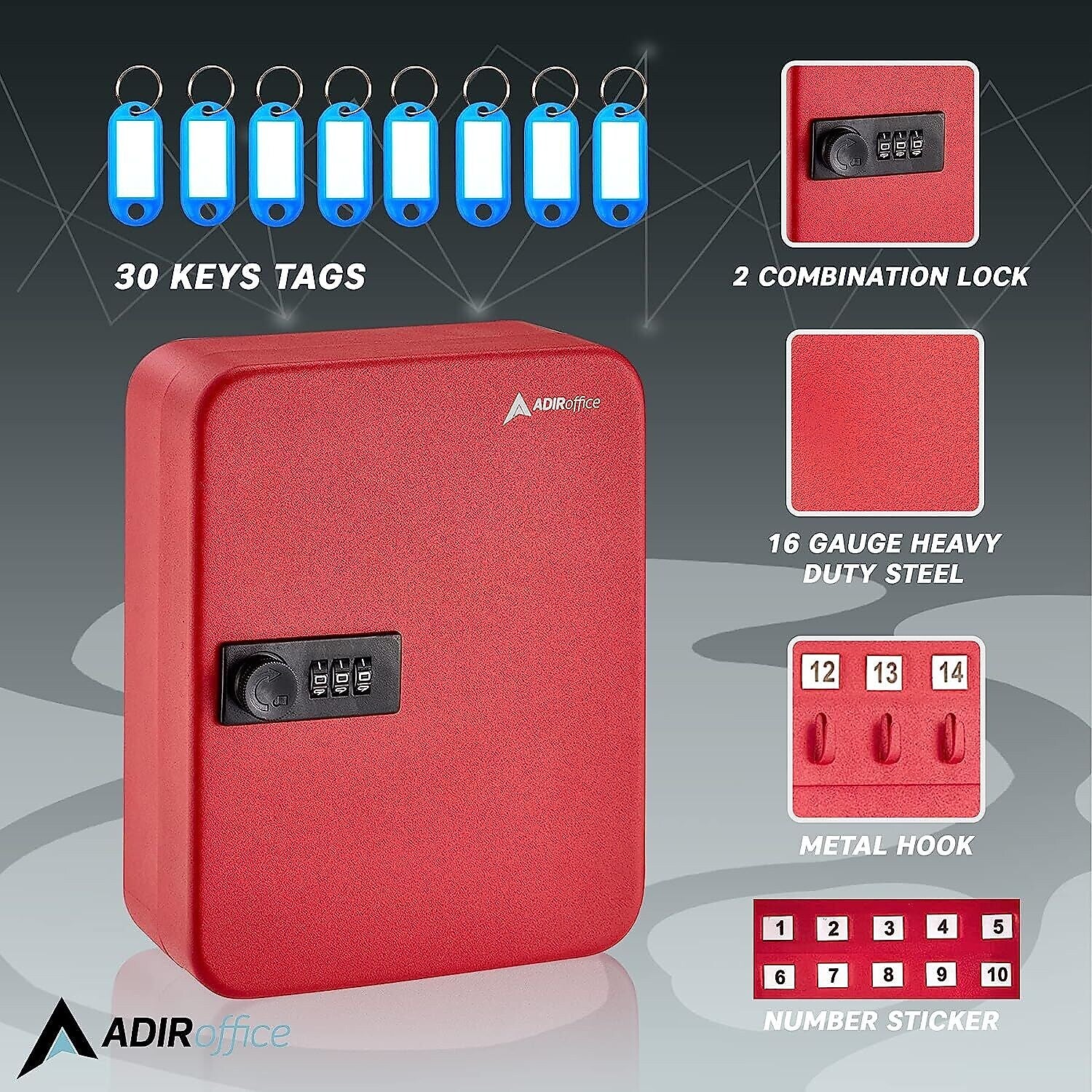 AdirOffice 30-Key Cabinet with Combination Lock and Key Tags, Red (682-30-RED-689-PKG)