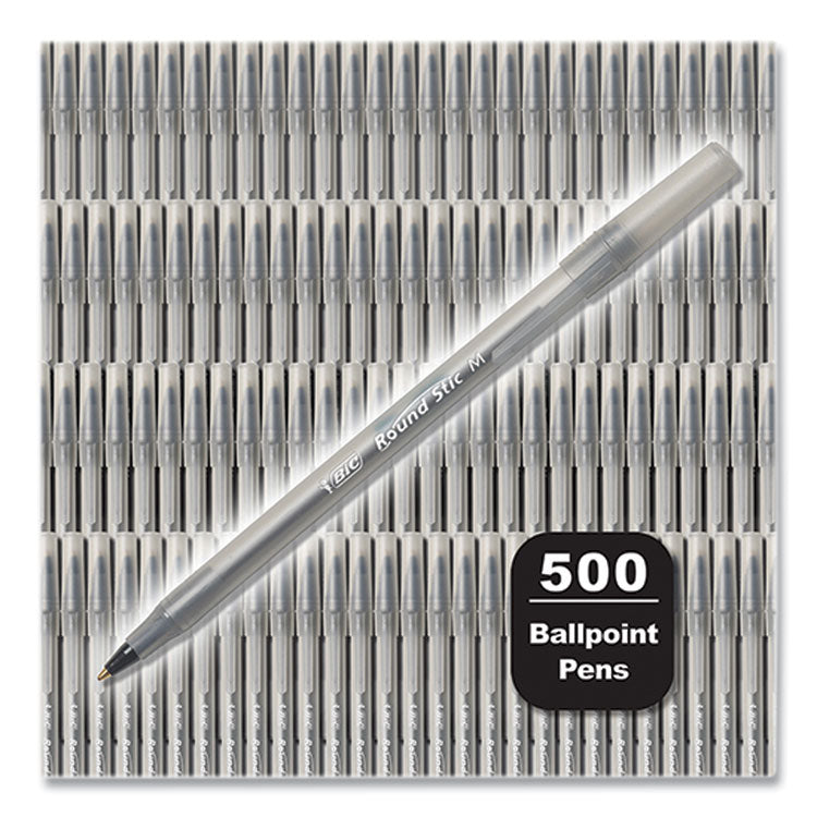 Round Stic Xtra Life Ballpoint Pen, Stick, Medium 1 mm, Black Ink, Translucent Black Barrel, 500/Pack