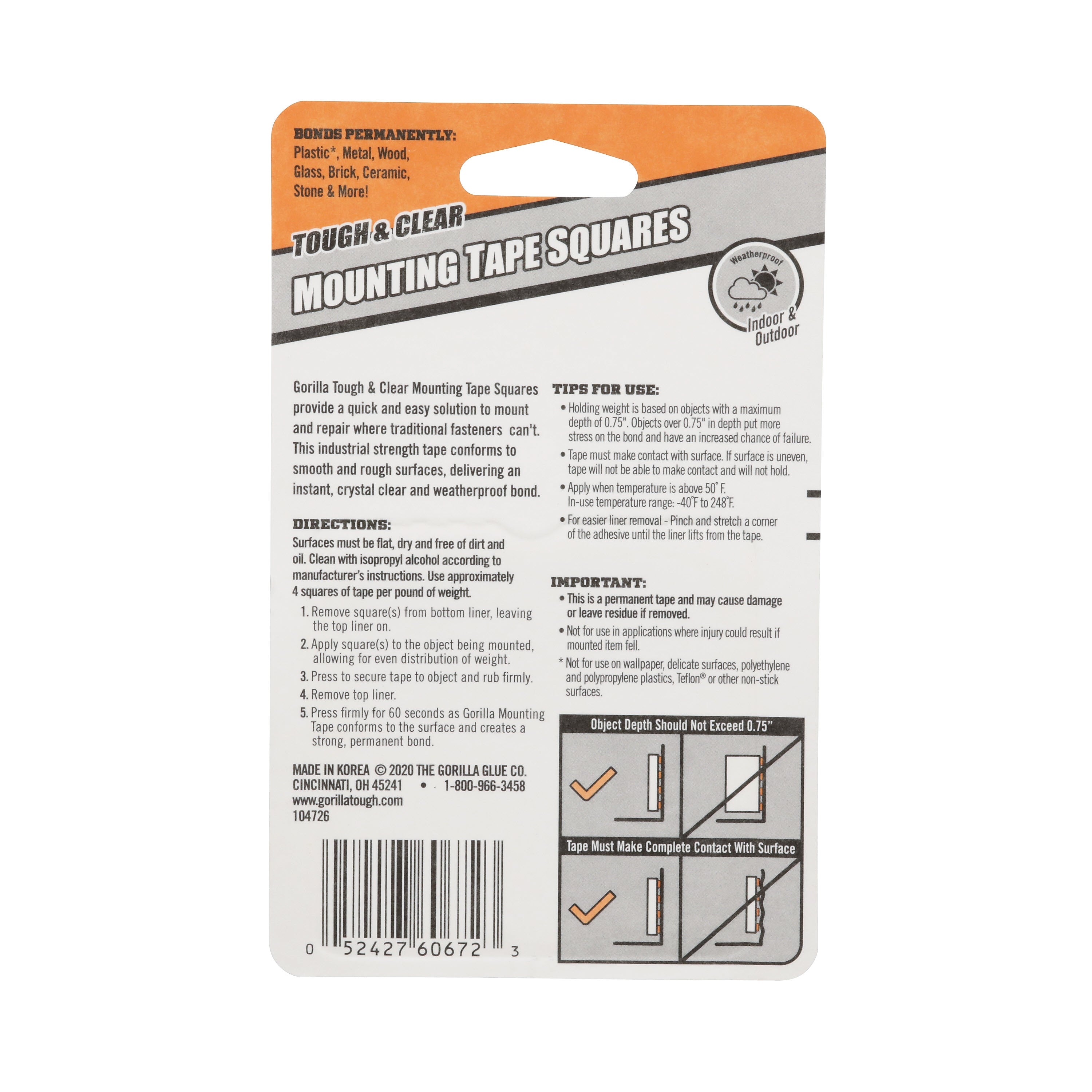 Gorilla Tough & Clear Double-Sided Mounting Tape Squares, 1" x 1", 24/Pack, Clear (6067202)
