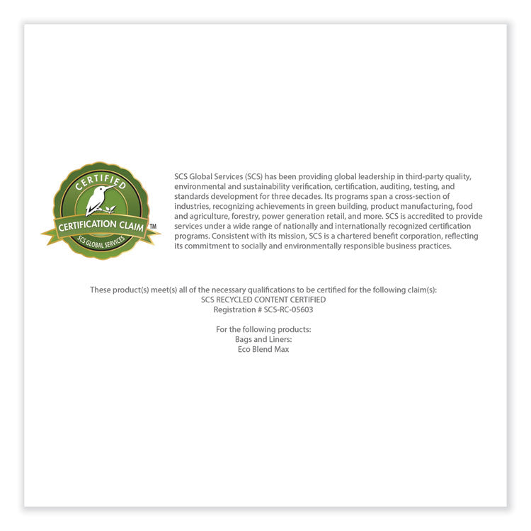 Eco Blend Max Can Liners, 33 gal, 0.8 mil, 33" x 39", Blue, 25 Bags/Roll, 8 Rolls/Carton