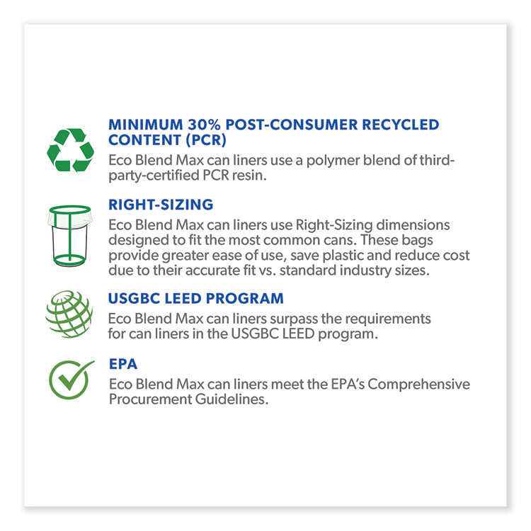 Eco Blend Max Can Liners, 45 gal, 0.8 mil, 40" x 46", Blue, 25 Bags/Roll, 6 Rolls/Carton