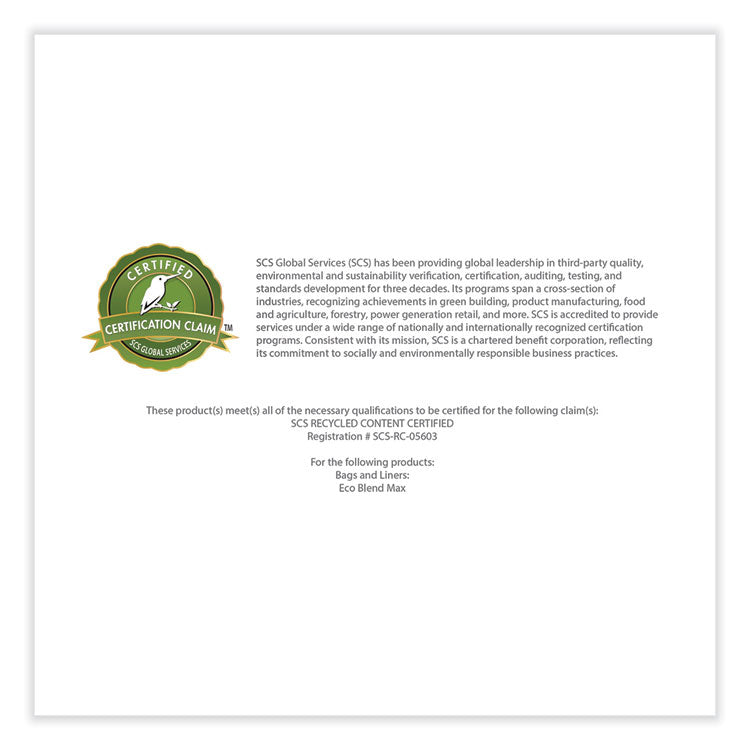 Eco Blend Max Can Liners, 45 gal, 0.8 mil, 40" x 46", Blue, 25 Bags/Roll, 6 Rolls/Carton