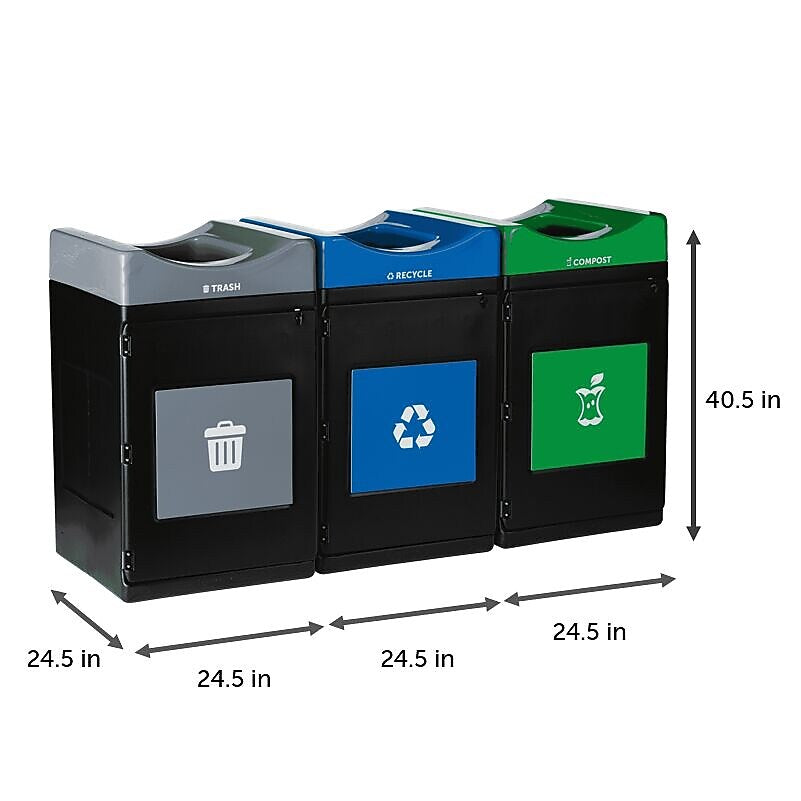 Commercial Zone Avante Series Polyethylene Triple-Stream Trash, Recycling and Compost Center, 165 Gallon, Black (787301MSA)