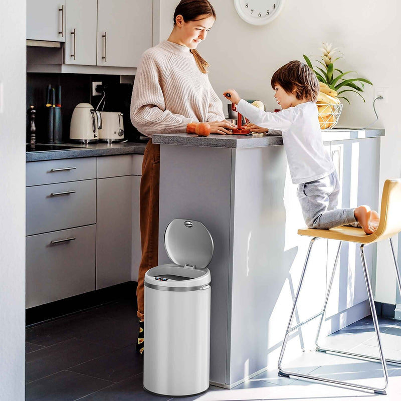 iTouchless Stainless Steel Round Sensor Trash Can with AbsorbX Odor Control System, White, 8 Gal. (MT08RW)