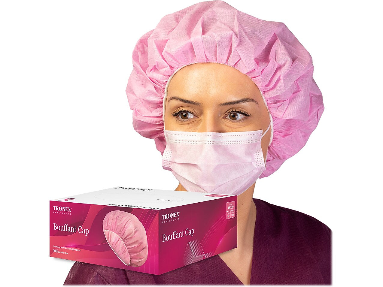Tronex Spunbonded Bouffant Cap, One Size, Pink, 100 Caps/Box, 5 Boxes/Pack (4672P)