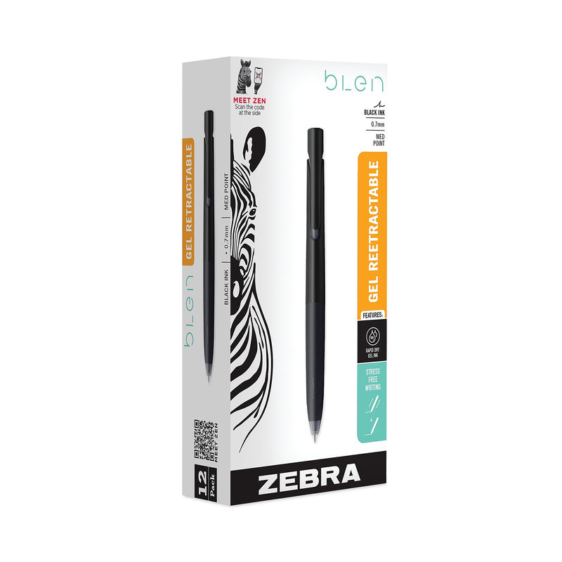 Zebra® bLen Gel Pen, Retractable, Fine 0.7 mm, Black Ink, Black Barrel, Dozen