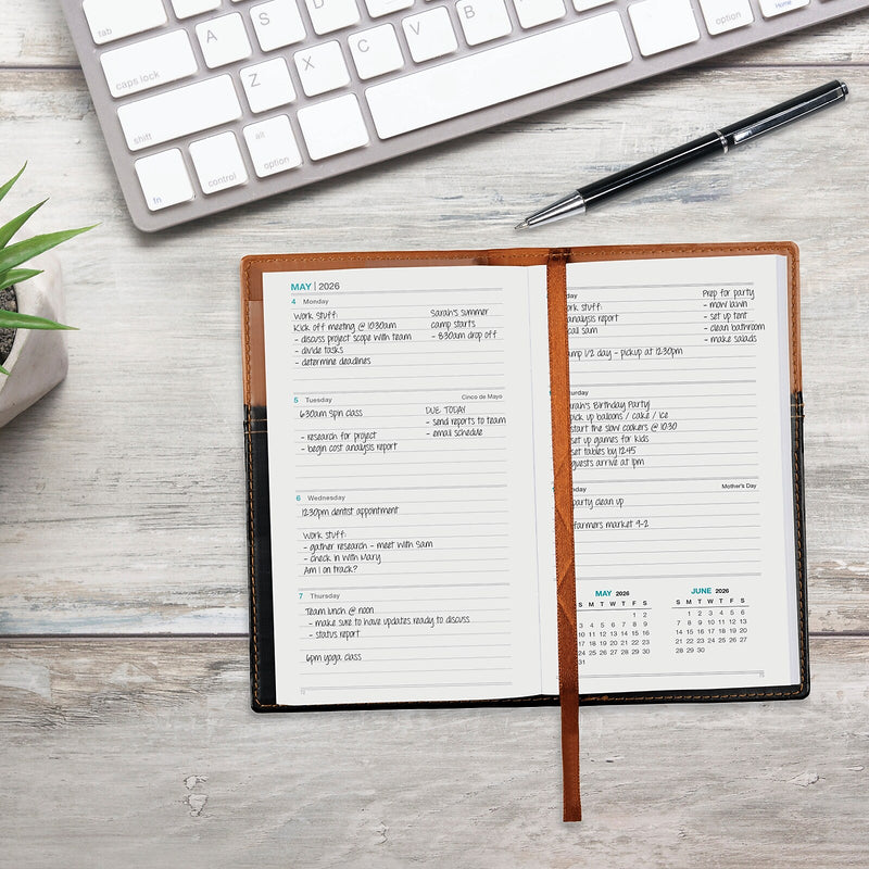 2026 Global Printed Products 3.5" x 6" Weekly & Monthly Planner, Faux Leather Cover, Black/Brown (NRY26-PKT-BN-P)