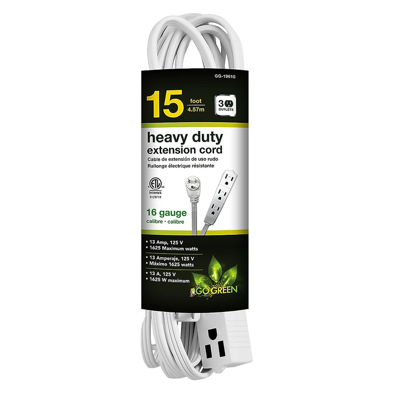 GoGreen Power 15' Extension Cord, 3-Outlet, 16 AWG, White (GG-19615)