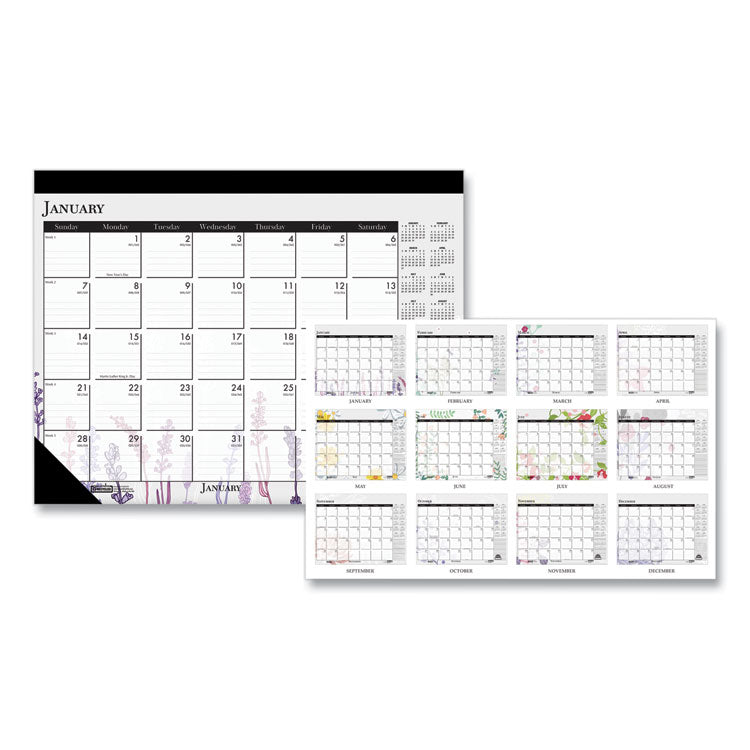 Recycled Desk Pad Calendar, Wild Flowers Artwork, 22 x 17, White Sheets, Black Binding/Corners,12-Month (Jan-Dec): 2025