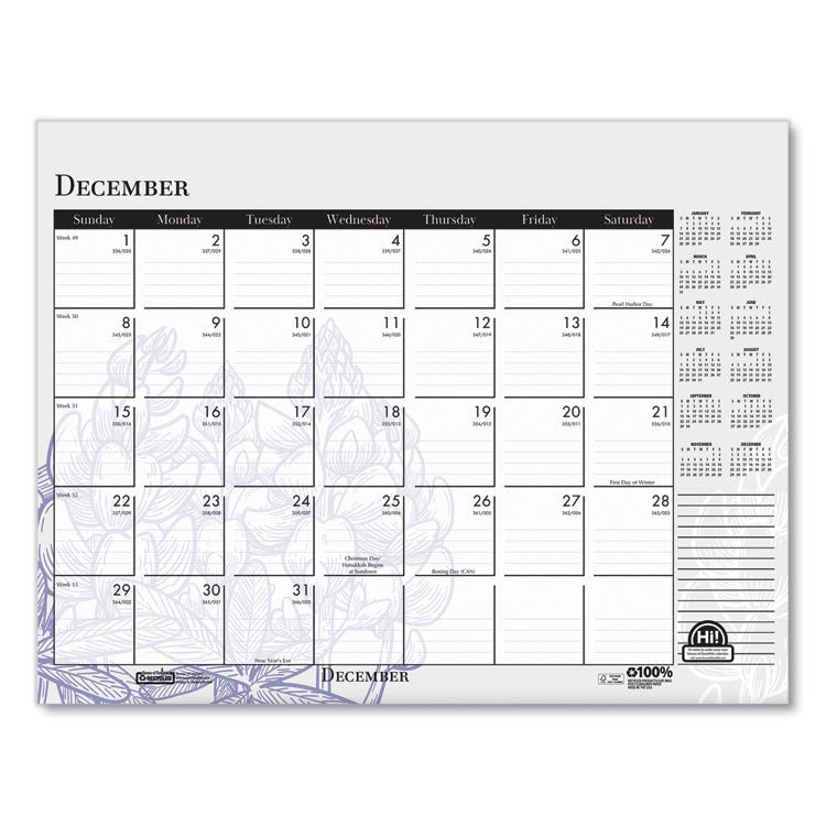 Recycled Desk Pad Calendar, Wild Flowers Artwork, 22 x 17, White Sheets, Black Binding/Corners,12-Month (Jan-Dec): 2025