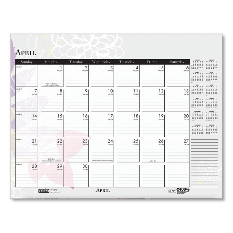 Recycled Desk Pad Calendar, Wild Flowers Artwork, 22 x 17, White Sheets, Black Binding/Corners,12-Month (Jan-Dec): 2025
