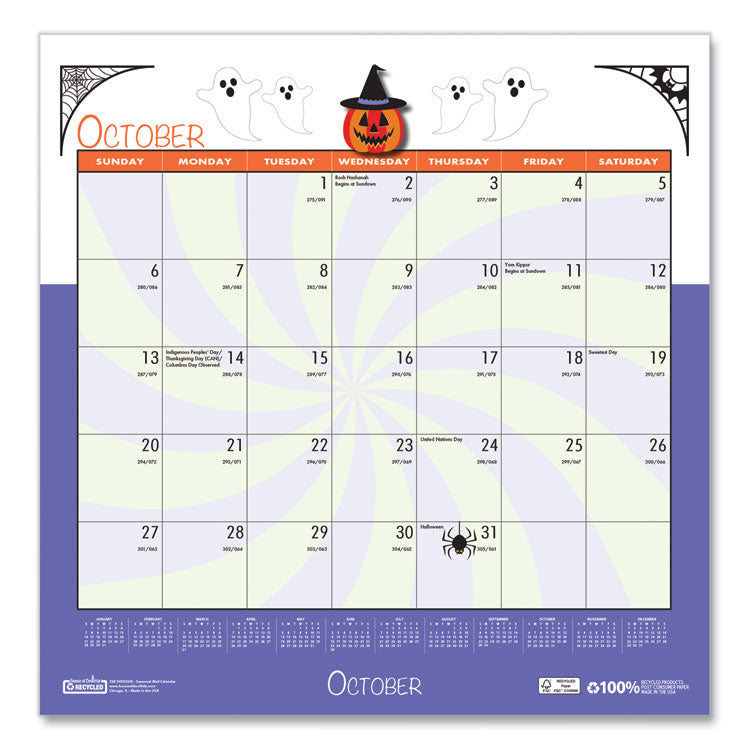 Recycled Seasonal Wall Calendar, Illustrated Seasons Artwork, 12 x 12, 12-Month (Jan to Dec): 2025