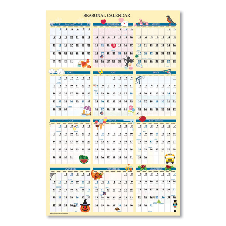 Recycled Seasonal Laminated Wall Calendar, Illustrated Seasons Artwork, 24 x 37, 12-Month (Jan to Dec): 2025
