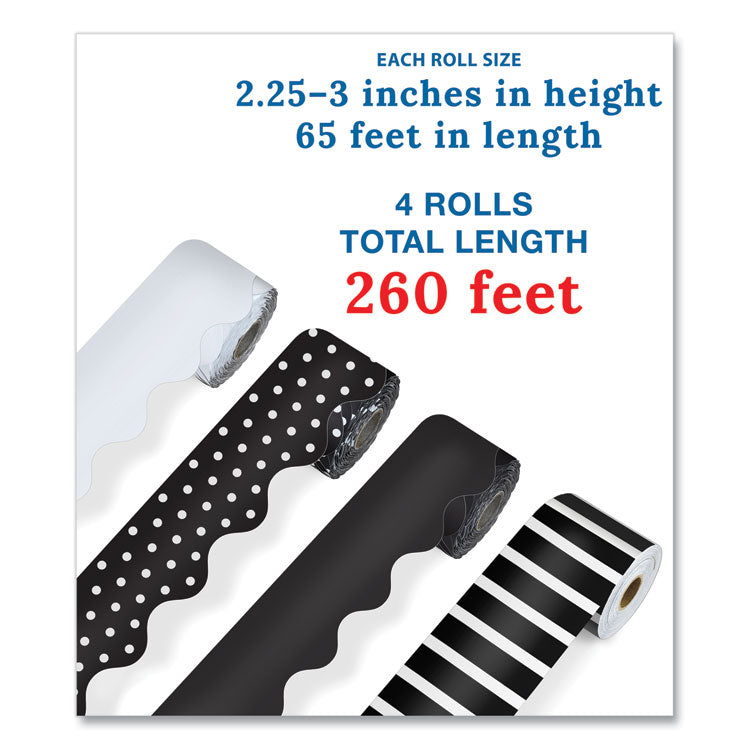 Rolled Scalloped Border Set, (2) Solid Colors, (1) Horizontal Stripes, (1) Polka Dots, 2.25" x 65 ft, Assorted Colors, 4/Set