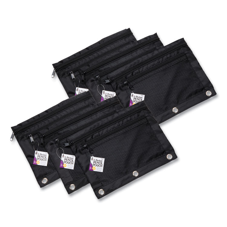 Two-Pocket Binder-Insertable Pencil Pouch with Mesh Front, 2 Compartments, 3-Hole Punched, 11" x 9", Black, 6/Pack