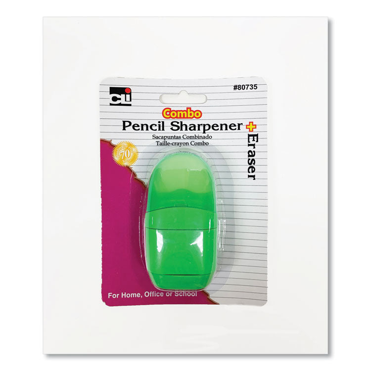 One-Hole Pencil Sharpener/Eraser Combo, 1" x 0.75", Randomly Assorted Colors