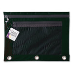 Two-Pocket Binder-Insertable Pencil Pouch with Mesh Front, 2 Compartments, 3-Hole Punched, 11" x 9", Black, 6/Pack