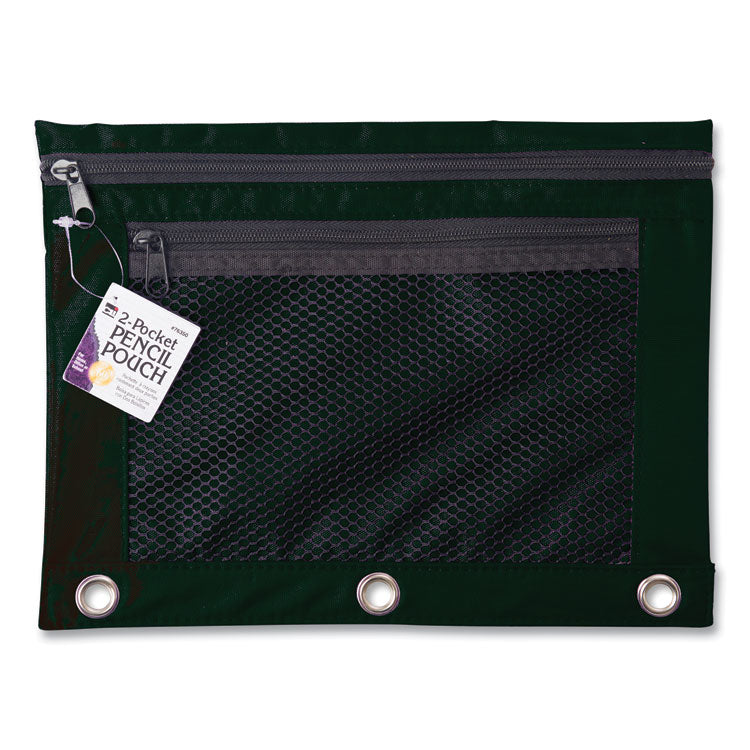 Two-Pocket Binder-Insertable Pencil Pouch with Mesh Front, 2 Compartments, 3-Hole Punched, 11" x 9", Black, 6/Pack