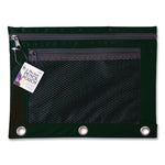 Two-Pocket Binder-Insertable Pencil Pouch with Mesh Front, 2 Compartments, 3-Hole Punched, 11" x 9", Black, 6/Pack