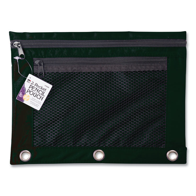 Two-Pocket Binder-Insertable Pencil Pouch with Mesh Front, 2 Compartments, 3-Hole Punched, 11" x 9", Black, 6/Pack