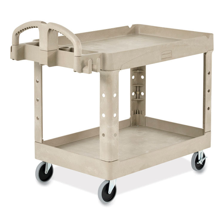 BRUTE Heavy-Duty Utility Cart with Lipped Shelves, Plastic, 2 Shelves, 500 lb Capacity, 25.9" x 45.2" x 32.2", Beige