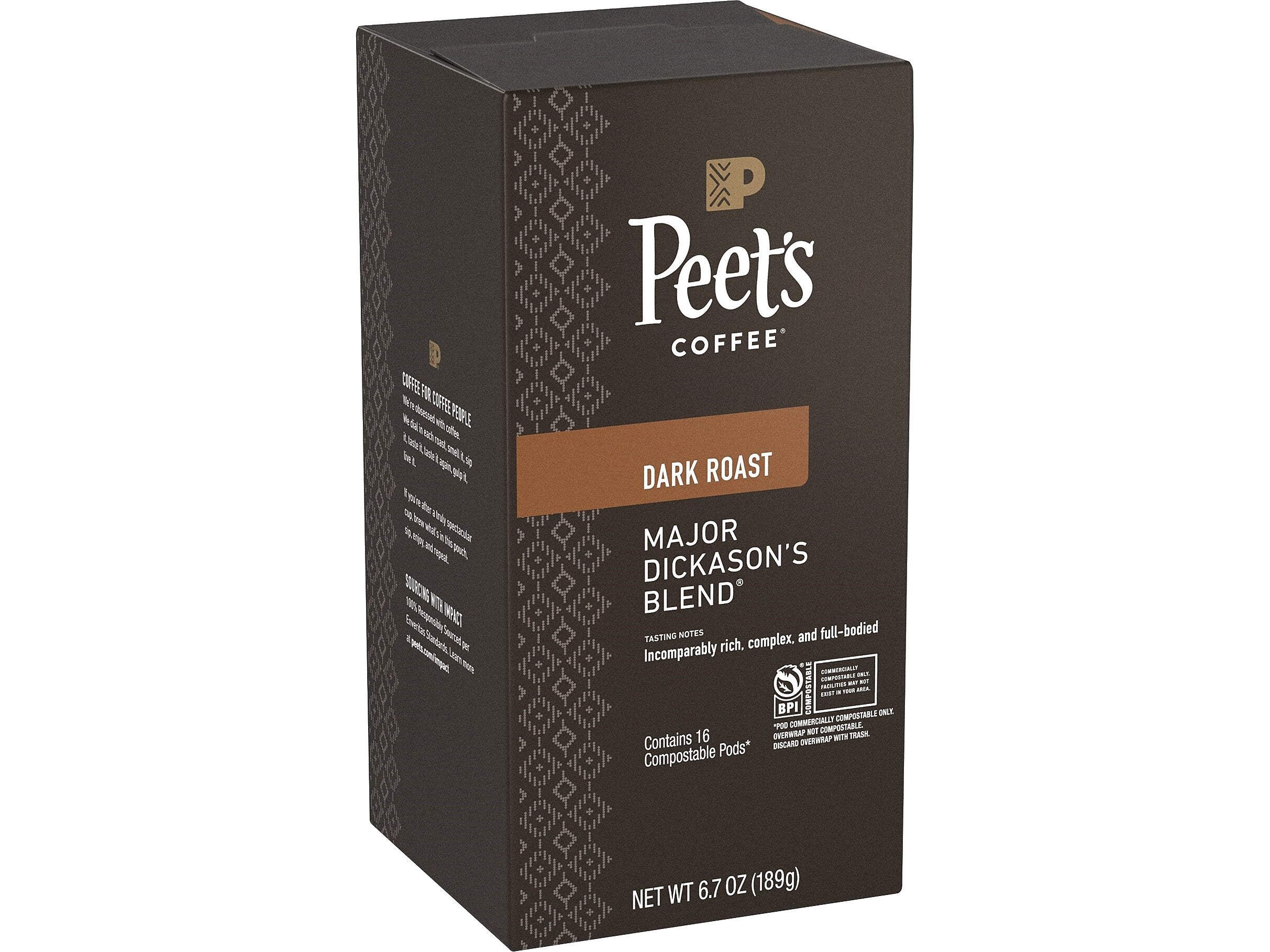 Peet's Coffee Major Dickason's Blend Coffee Pods, Dark Roast, 16/Box, 6 Boxes/Carton (1001062)