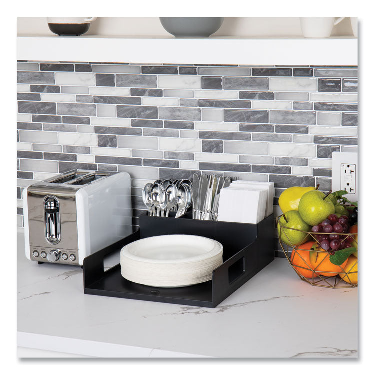 Network Collection Utensil, Napkin and Plate Countertop Organizer, 15.2 x 11.5 x 4.45, Plastic, Black