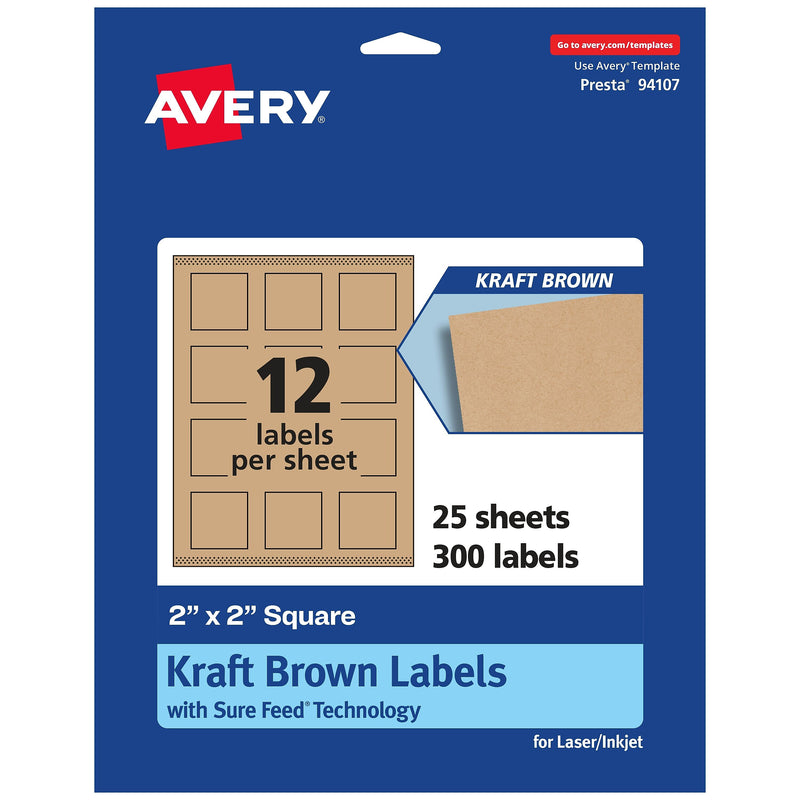 Avery Square Labels, 2" x 2", Kraft Brown, 300 Labels/Pack (94107)