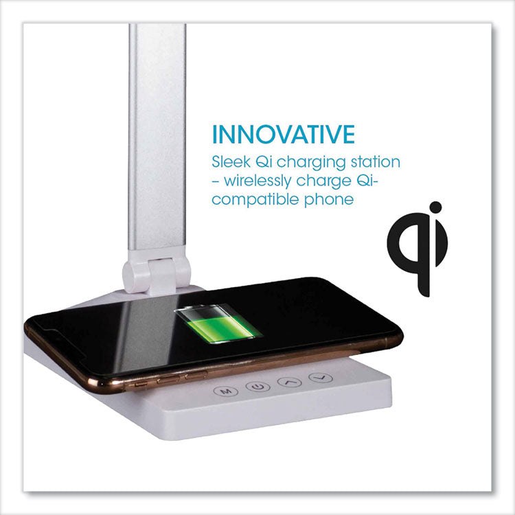 Wellness Series Entice LED Desk Lamp with Wireless Charging, Silver Arm, 11" to 22" High, White